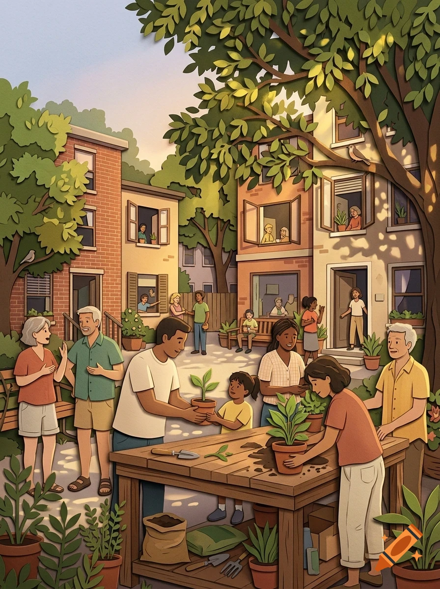 An illustrated community garden scene with diverse people potting plants together among apartment buildings and trees.