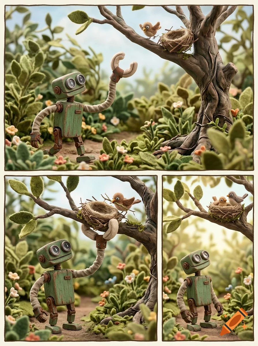 A comic strip style claymation depicting a small green robot interacting with a bird and a nest in a forest.
