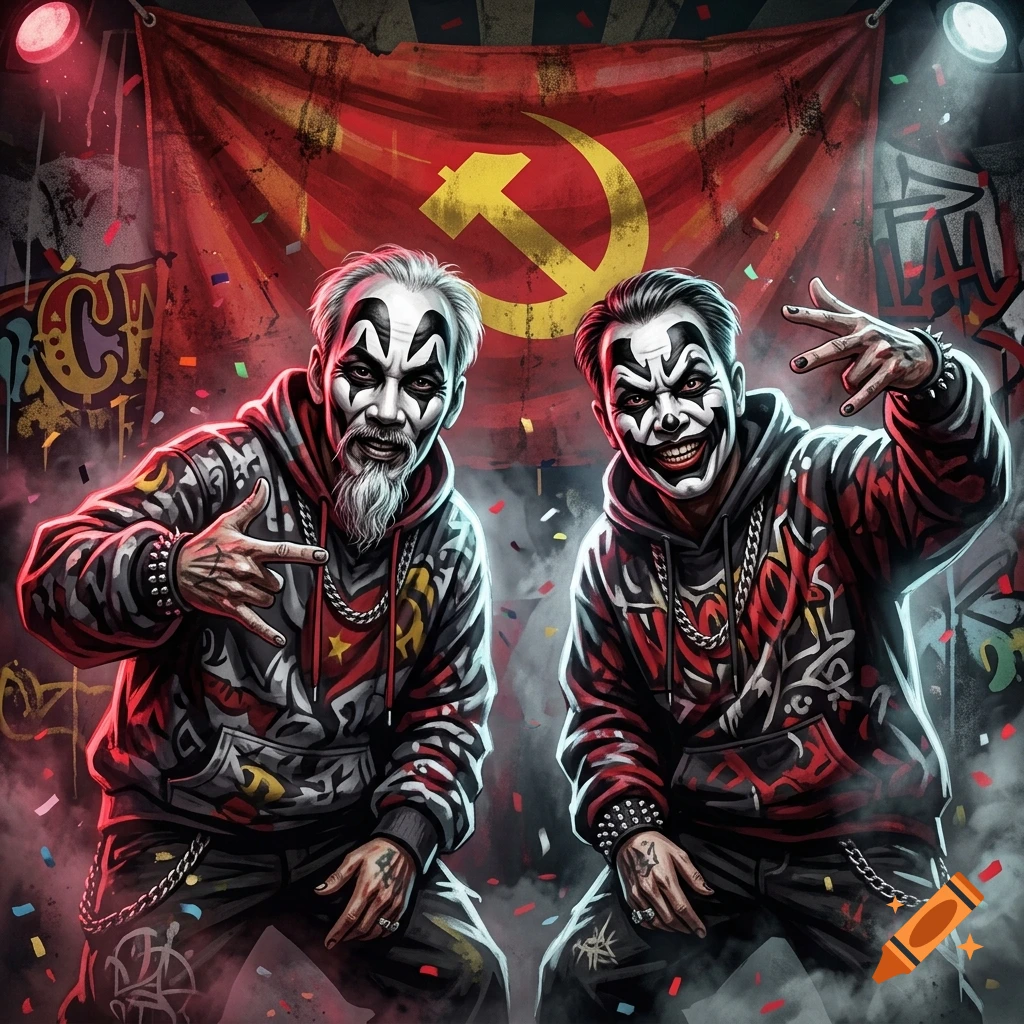 Digital illustration of two historical figures styled as Juggalo clowns with face paint and hoodies, in front of a communist flag.