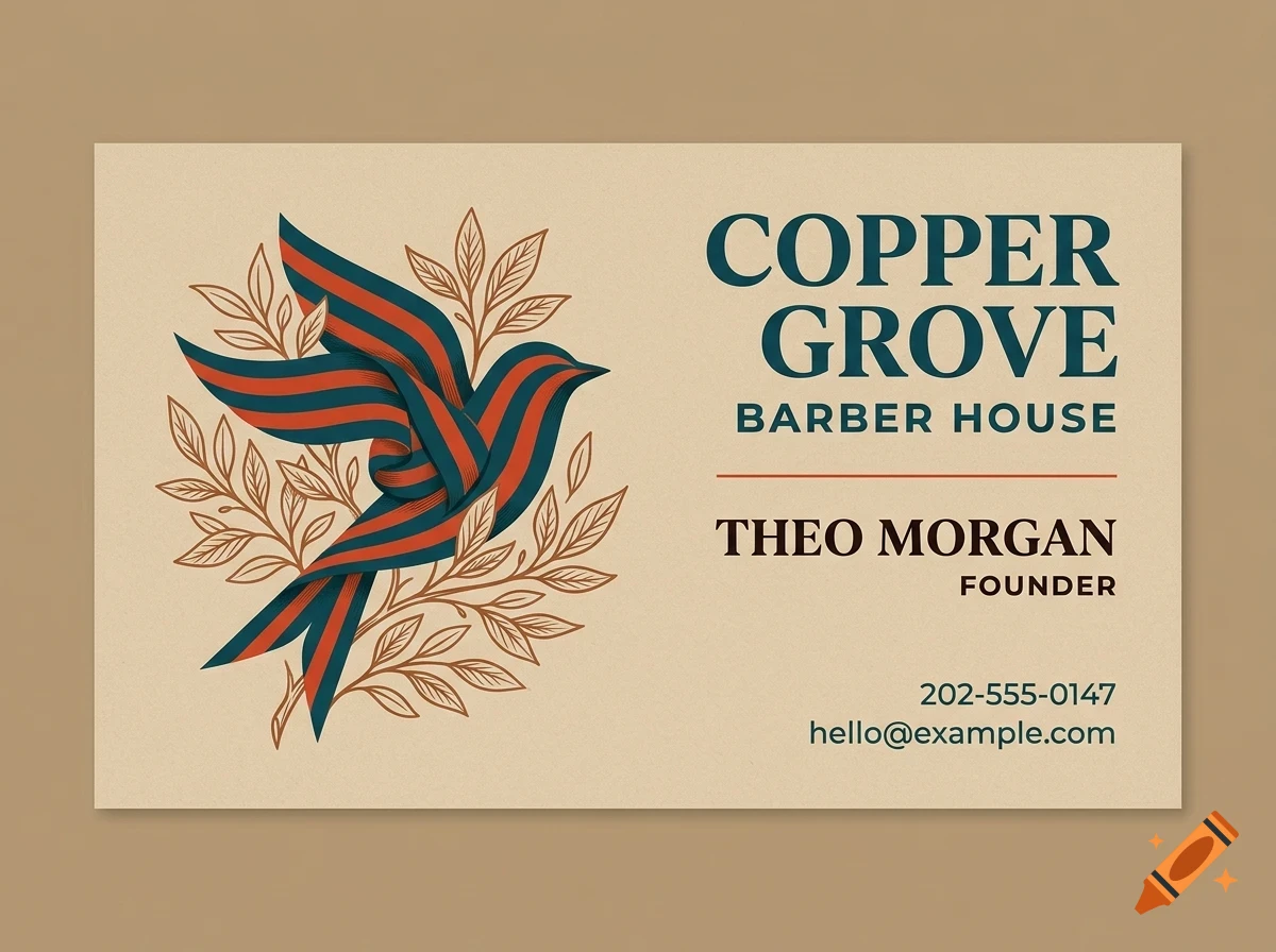 A business card mockup featuring a stylized bird and leaf illustration on the left and text for Copper Grove Barber House on the right.