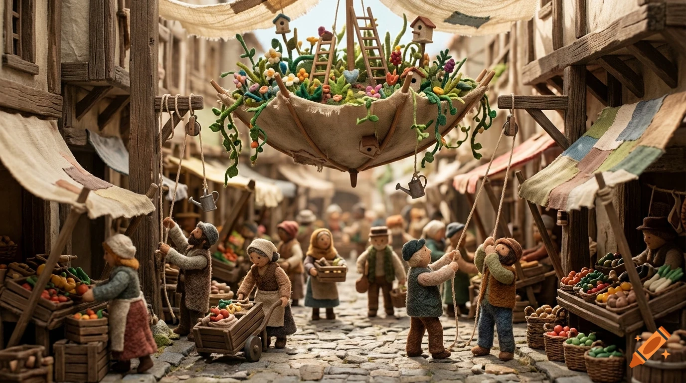 A miniature diorama depicting a bustling medieval market street with felt figurines and a suspended garden overhead.