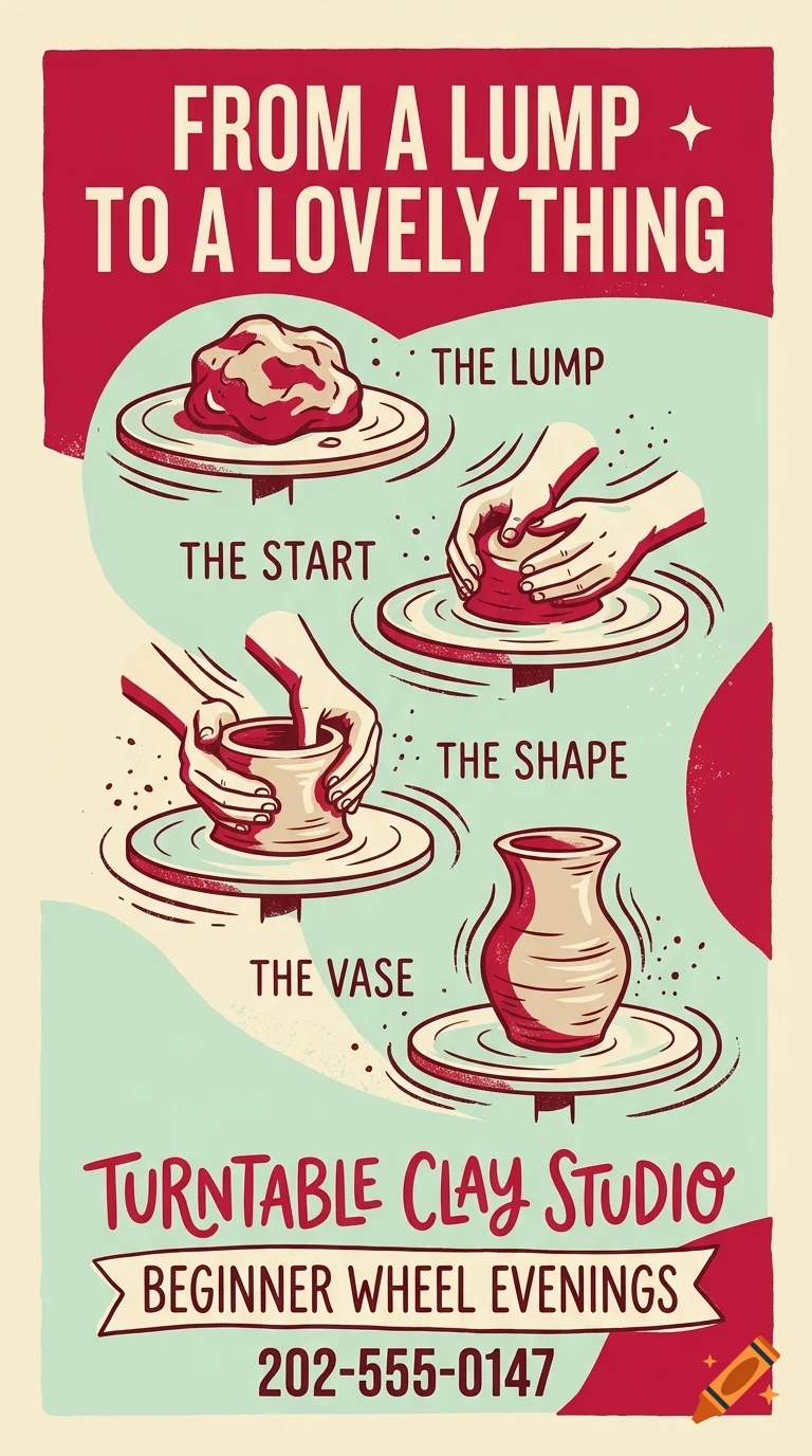 An instructional poster for Turntable Clay Studio illustrating the process of shaping a clay vase on a pottery wheel.