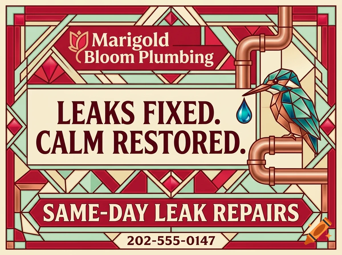 An Art Deco style ad for Marigold Bloom Plumbing featuring a bird, pipes, and text reading Leaks fixed, calm restored.