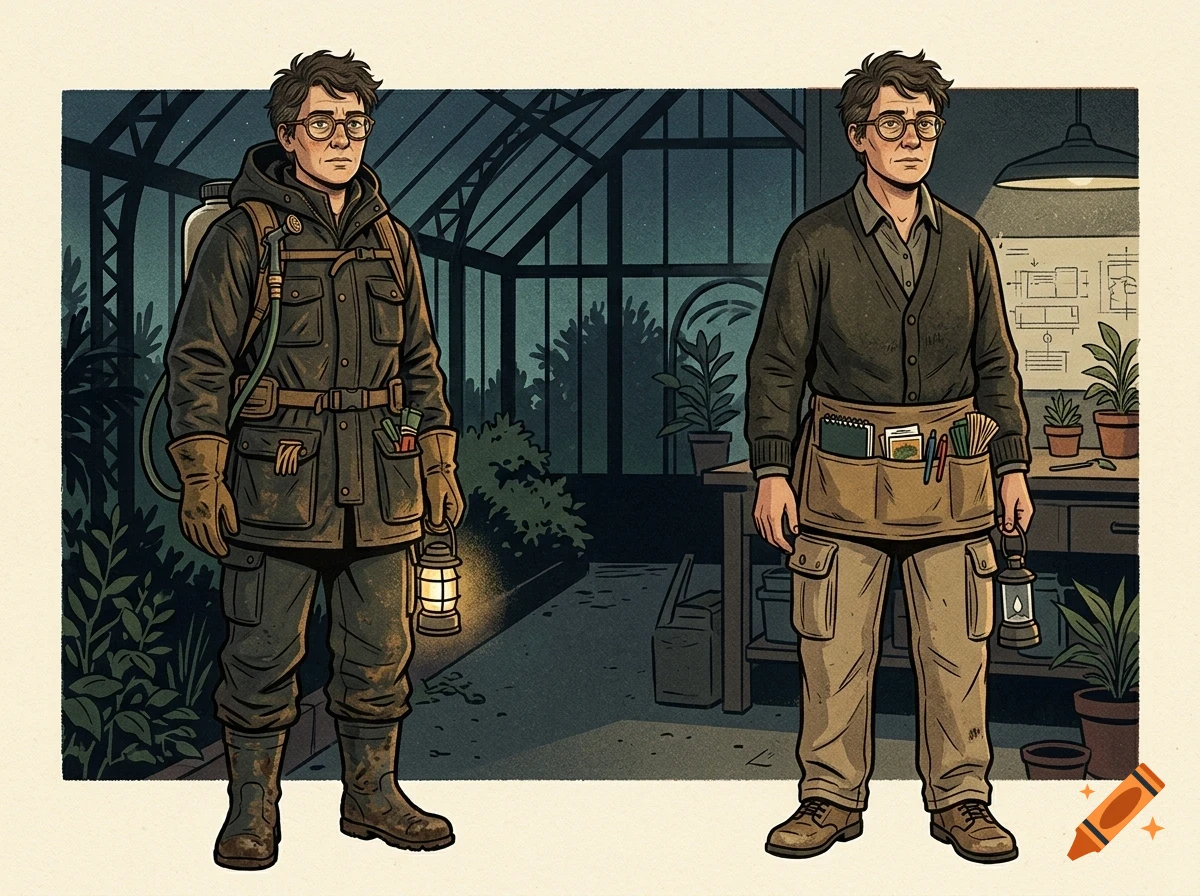 Illustration showing a man in two outfits inside a greenhouse at night, holding a lit lantern.