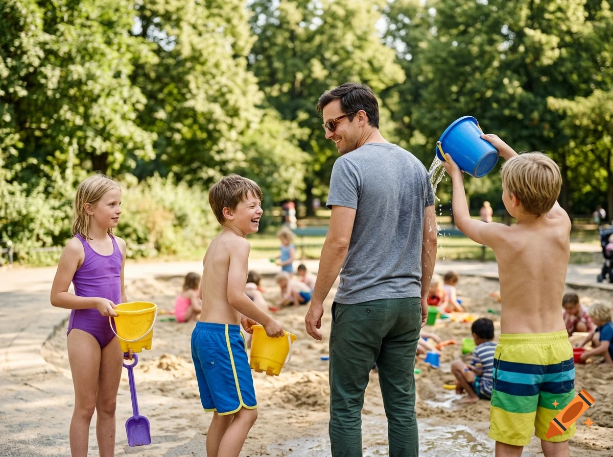 Children and a man playing in a large sandbox in a park on a sunny day, with one boy pouring water from a bucket.