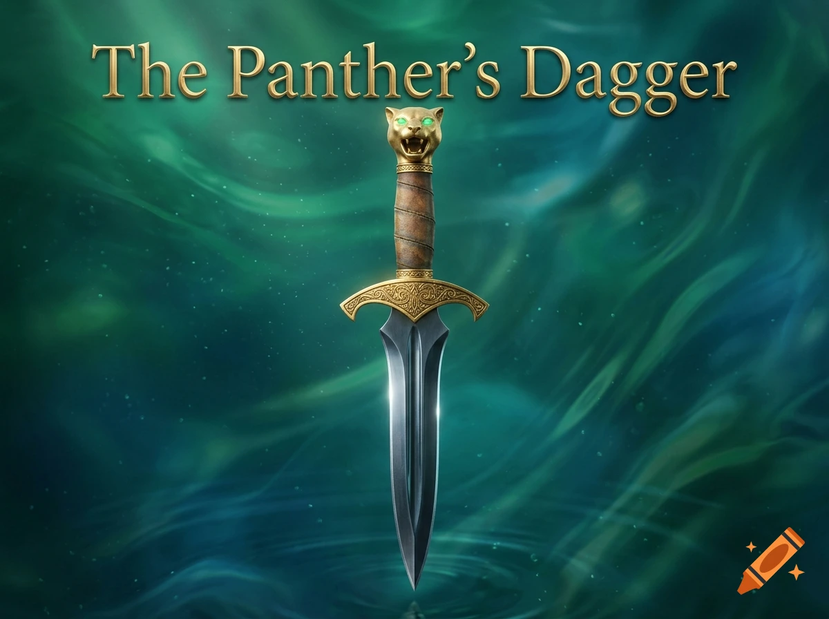 A detailed fantasy dagger featuring a gold hilt, a cat head pommel with emerald eyes, and the text 'The Panther's Dagger' above it against a teal water background.
