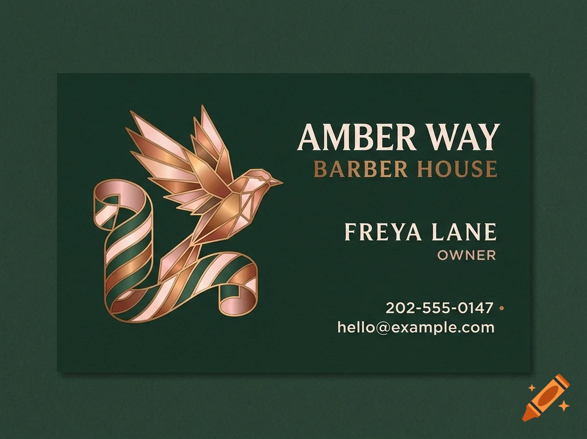 A dark green business card mockup featuring a metallic rose gold origami bird and ribbon design, with text reading AMBER WAY BARBER HOUSE and FREYA LANE OWNER.