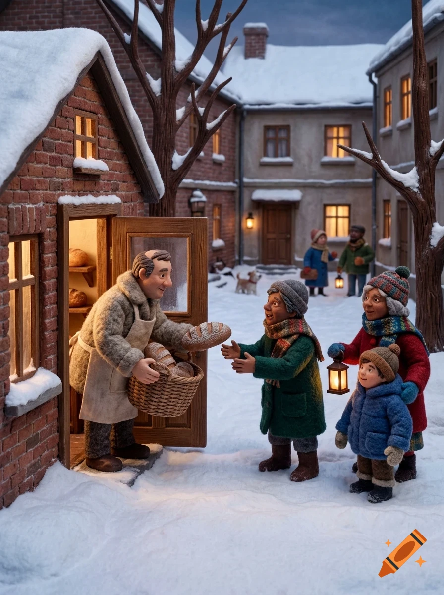 Claymation-style scene of a baker handing bread to a family in a snowy village street.