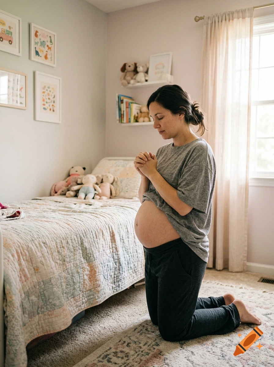 Photorealistic image of a pregnant woman kneeling by a bed in a children's bedroom, praying with clasped hands.