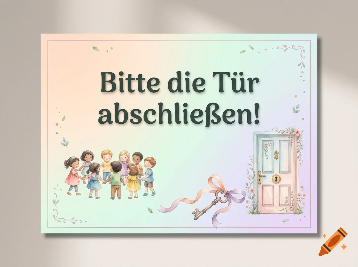 Watercolor-style flyer with children holding hands, a pastel door, a vintage key, and German text 'Bitte die Tür abschließen!'.
