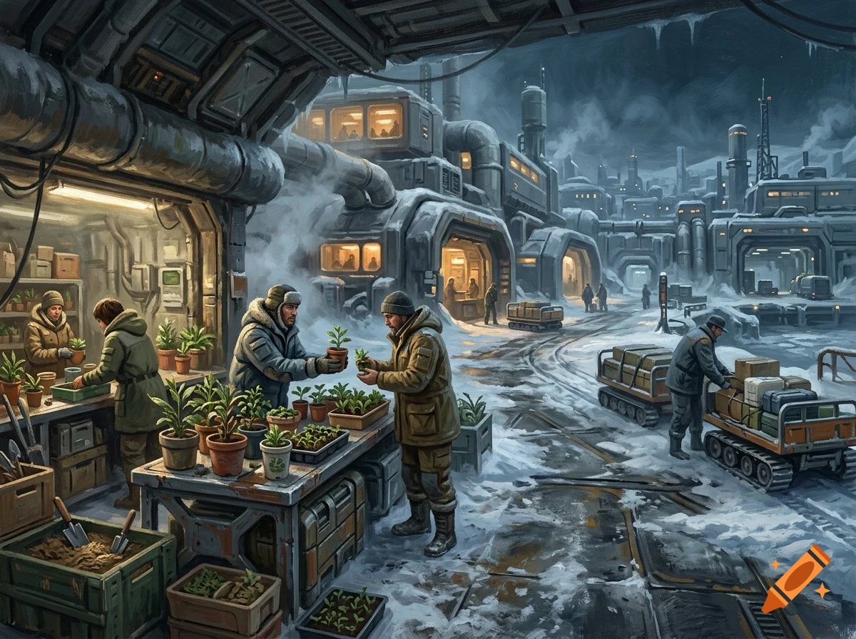 People working in a greenhouse and loading supplies in a futuristic, snow-covered industrial complex.
