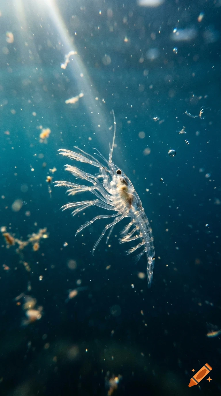 A tiny translucent marine crustacean, likely krill, swims in the deep blue ocean as sunlight filters through the water from above.