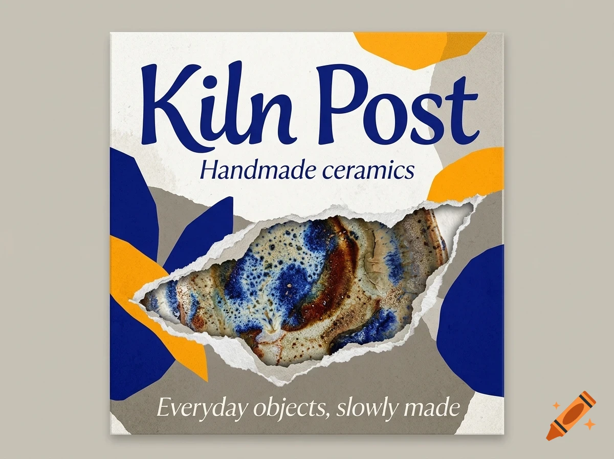 An artistic social media graphic featuring the text Kiln Post with a torn paper effect revealing a speckled ceramic piece underneath.