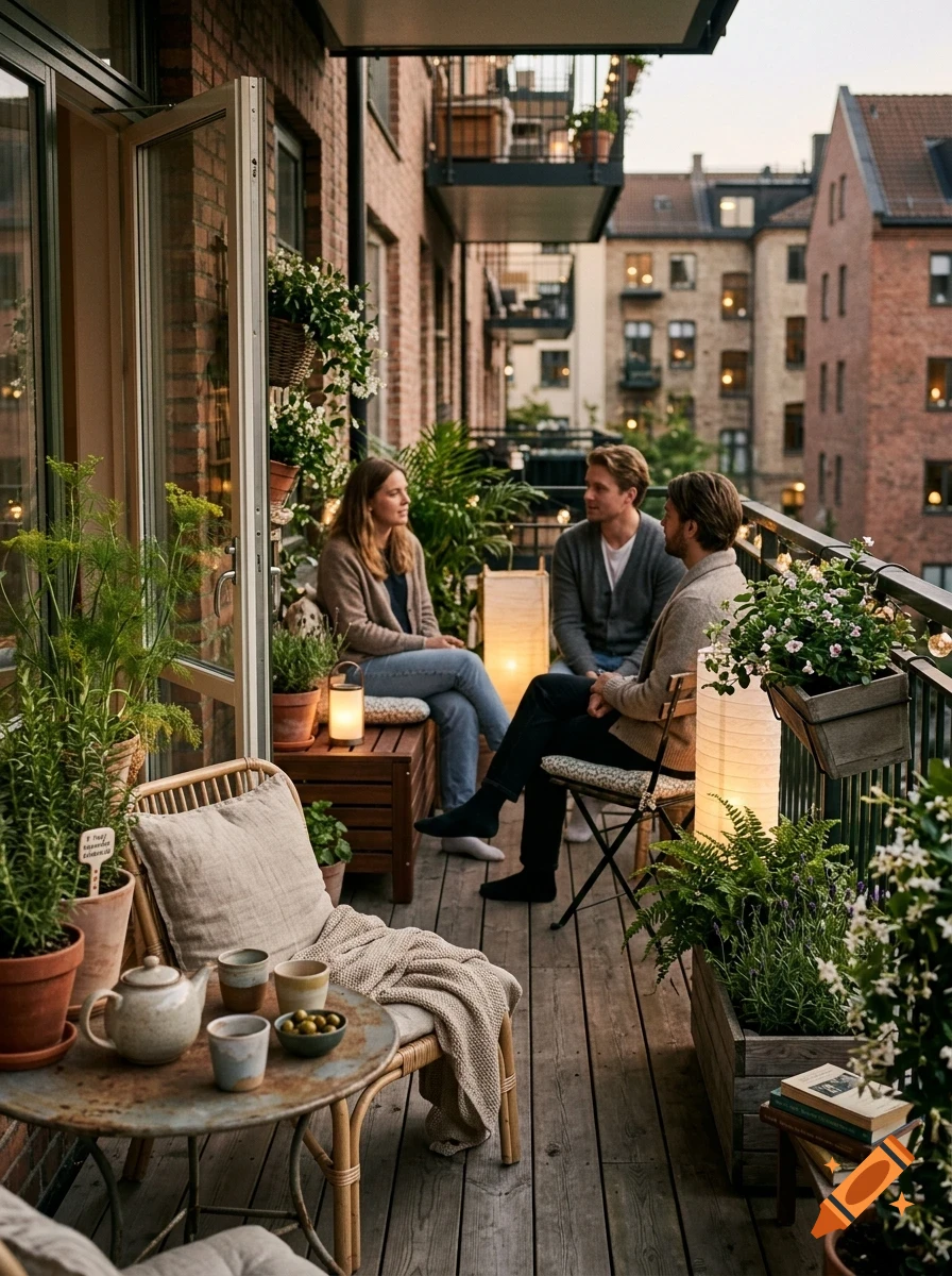 Three friends sitting and talking on a cozy apartment balcony decorated with plants, lanterns, and wooden furniture.