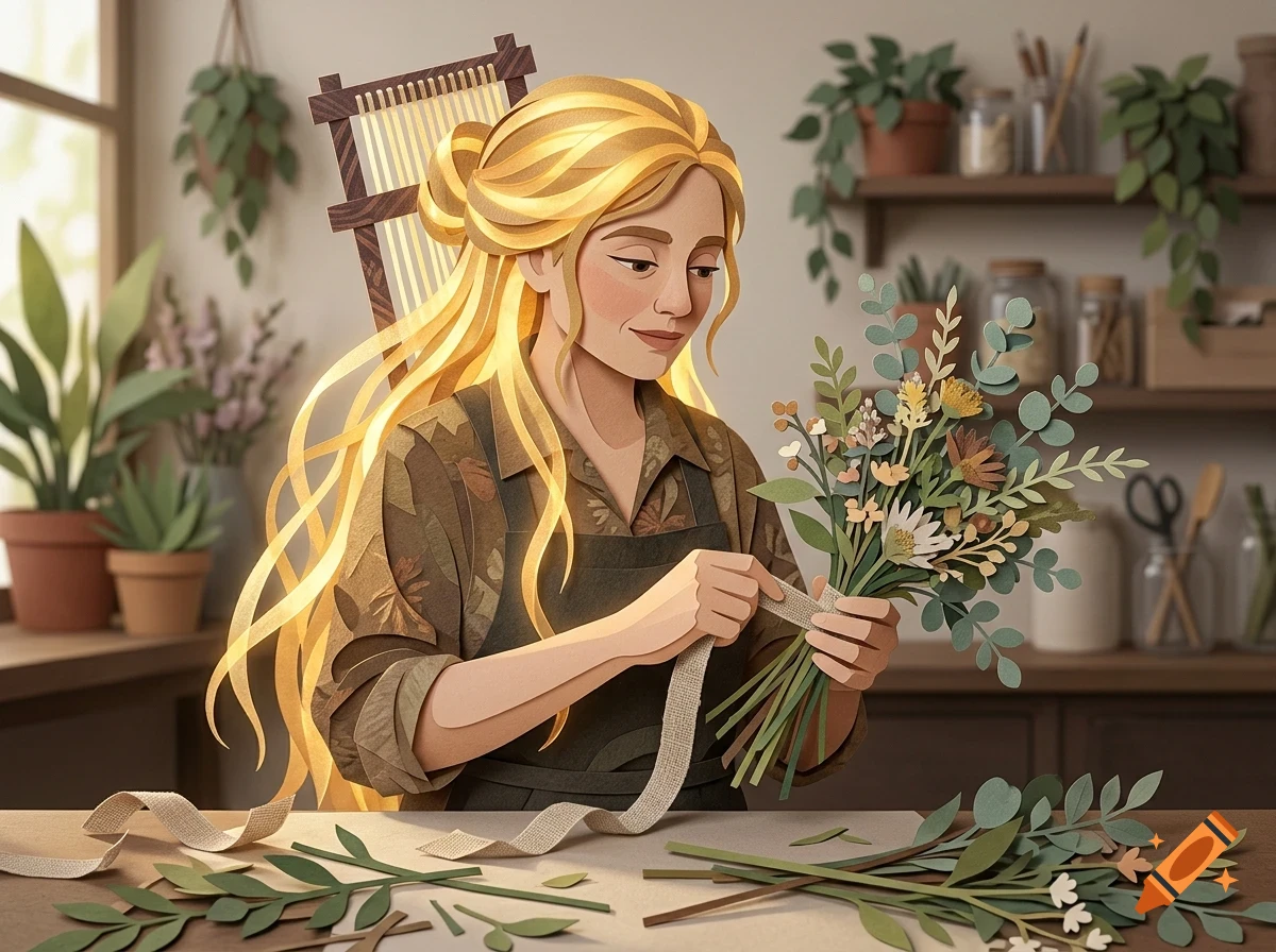 An illustrated blonde woman wearing an apron arranges a bouquet of paper flowers in a craft room.