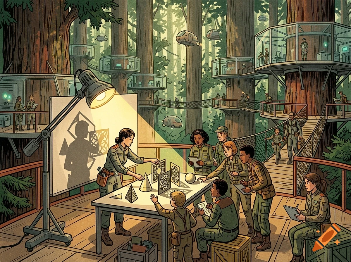 An instructor teaching geometric shapes to a group of children in a futuristic treehouse classroom among giant redwood trees.