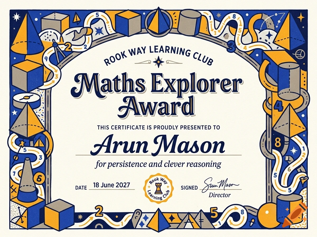 An award certificate titled Maths Explorer Award presented to Arun Mason, featuring a blue and yellow illustrative border with geometric shapes.