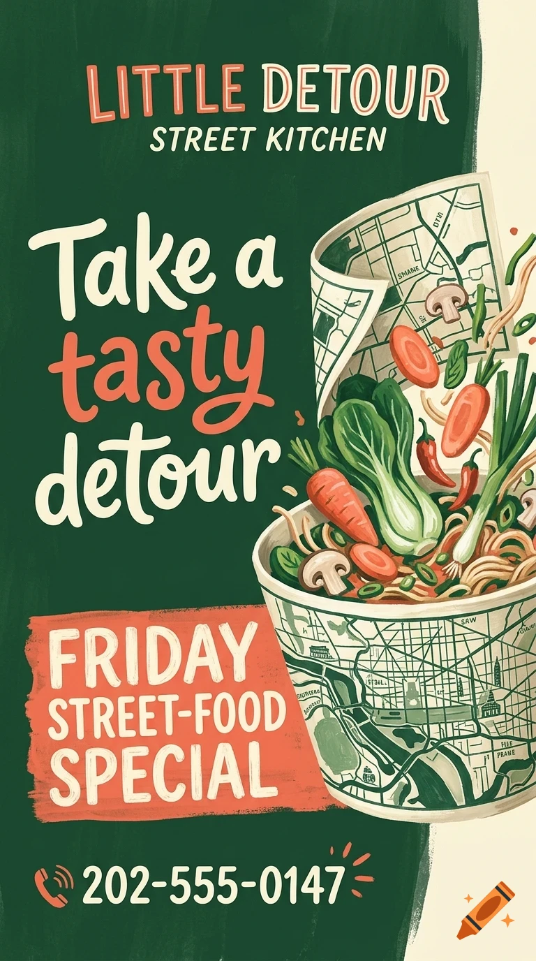 A poster for Little Detour Street Kitchen featuring a bowl of noodles with vegetables and map illustrations, with text reading Take a tasty detour and Friday street-food special.