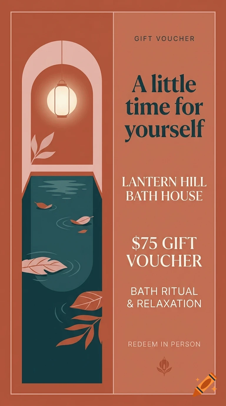 A graphic design for a Lantern Hill Bath House gift voucher featuring a glowing lantern over a pool with leaves and text reading 'A little time for yourself'.