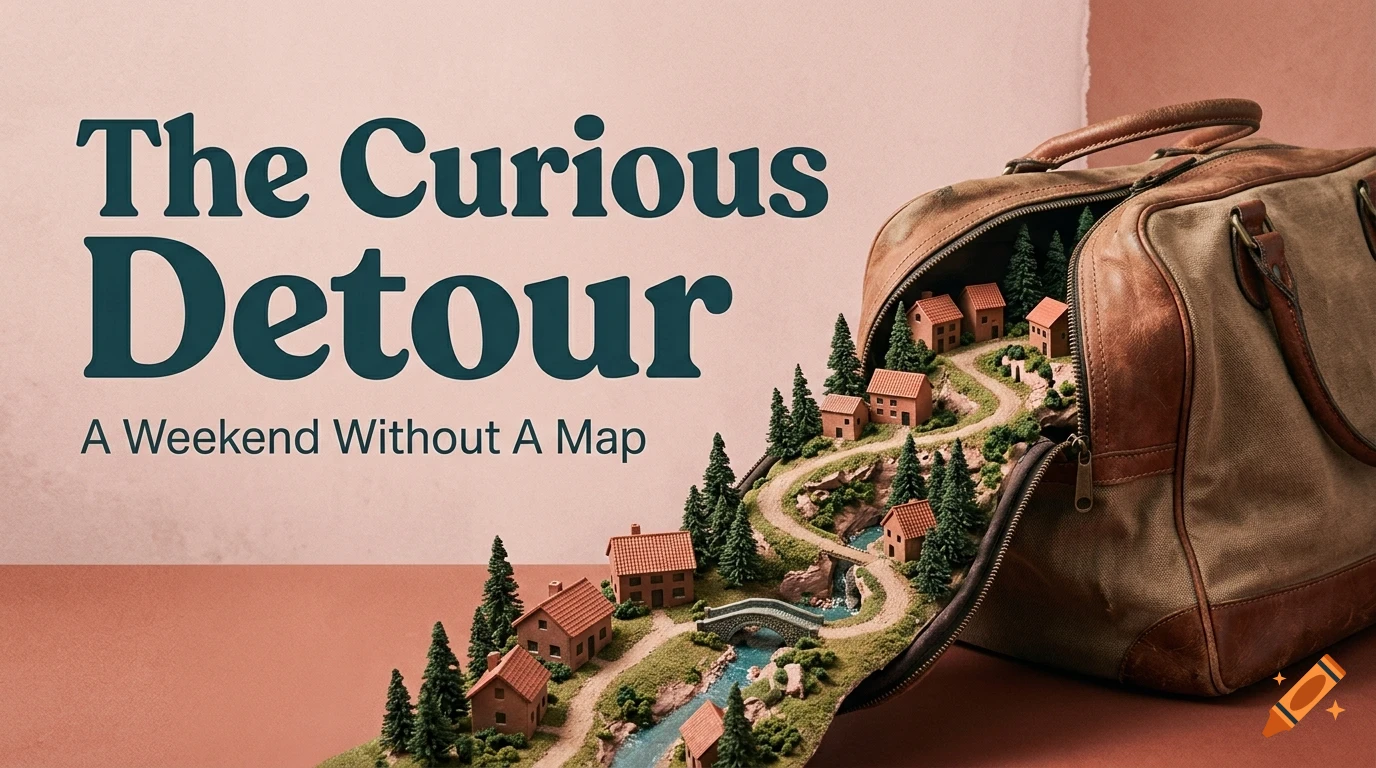 A miniature landscape with houses, trees, and a river emerging from an open travel bag, accompanied by the text The Curious Detour.