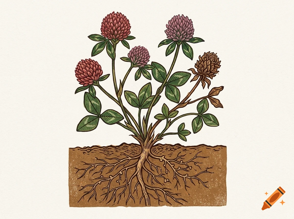 An illustrative diagram of a red clover plant showing its pink flowers, green leaves, and root system embedded in soil.