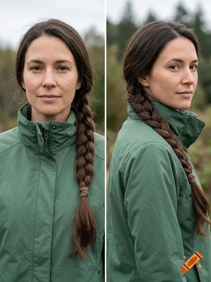 A front and side view of a woman with long brown hair in a thick braid, wearing a green jacket.