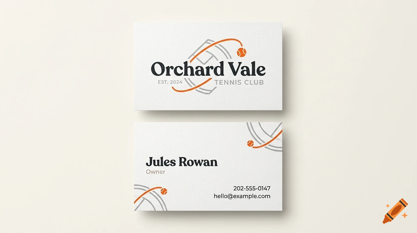 Two business cards for Orchard Vale Tennis Club with a tennis logo, name, title, phone number, and email.