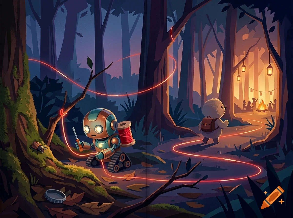 An illustration of a small robot on treads holding a tool in a forest, unwinding a glowing red thread while a fuzzy creature walks toward a distant campfire.