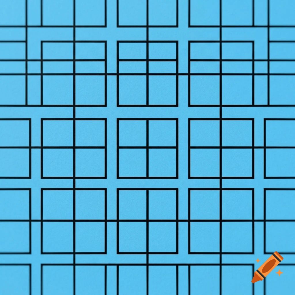 Blue geometric pattern featuring interlocking black squares and grid lines.