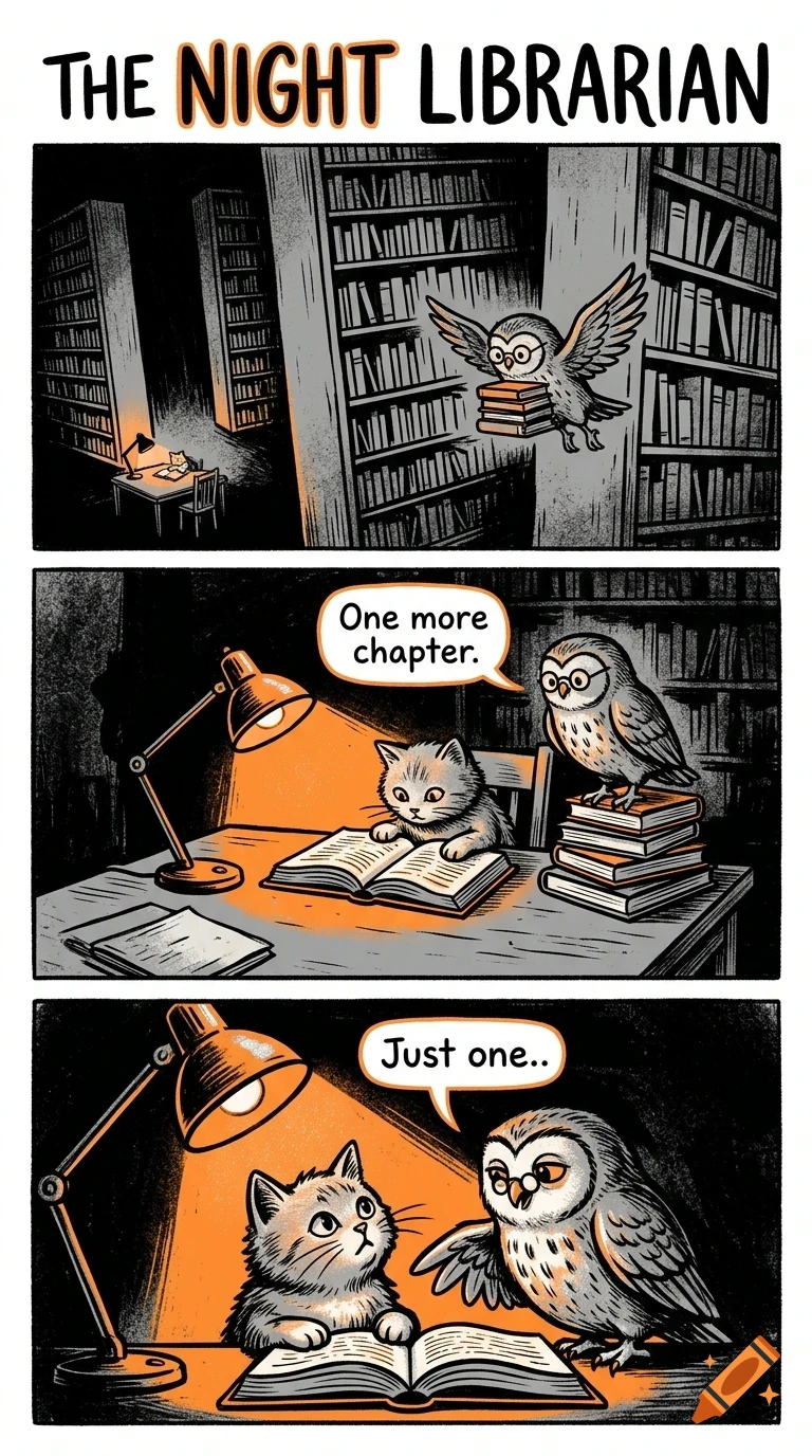 A comic strip titled The Night Librarian featuring a kitten reading a book at a desk in a dark library while an owl wearing glasses assists.