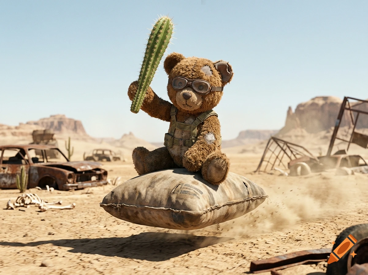 A photorealistic post-apocalyptic teddy bear wearing aviator goggles rides a flying pillow while holding a cactus in a desert wasteland.