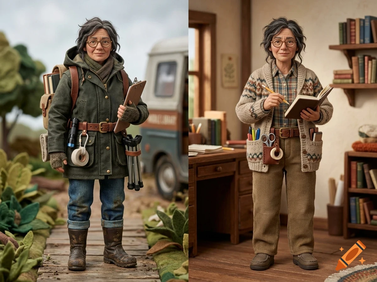 Two side-by-side images featuring a doll-like figure of an older woman with gray hair and glasses in outdoor and indoor settings.
