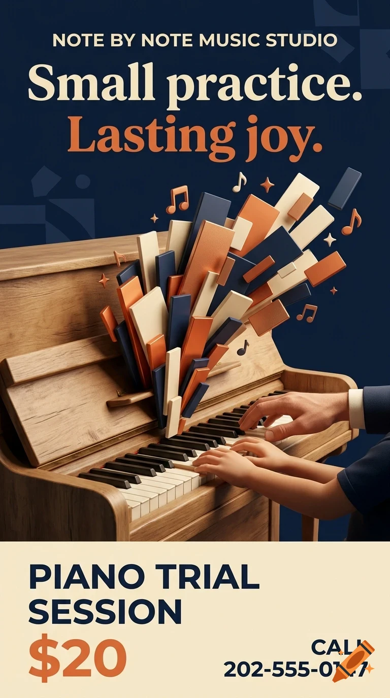 An adult and child playing a wooden upright piano with floating abstract blocks and musical notes above it, with text promoting a music studio.