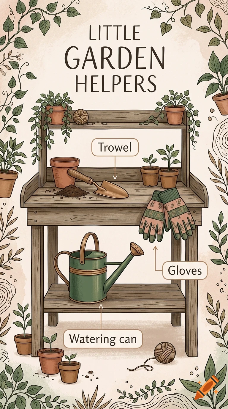 An illustration of a wooden potting bench with potted plants, a trowel, gloves, and a watering can, labeled Little Garden Helpers.