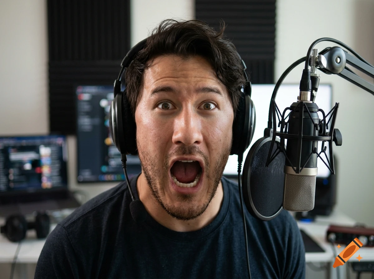 Close-up photorealistic image of Markiplier wearing headphones and screaming in front of a microphone.
