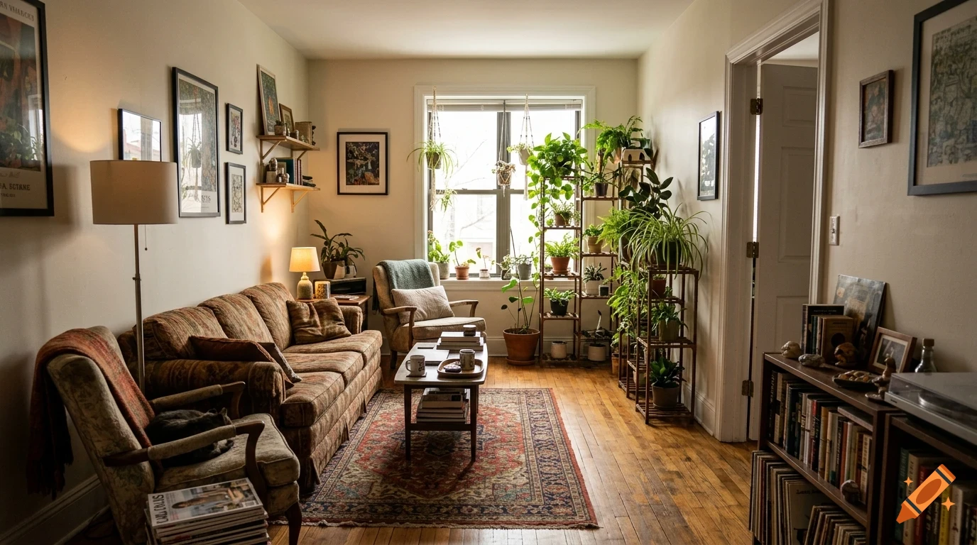 A cozy living room filled with potted plants, a patterned rug, a couch, armchairs, and bookshelves.