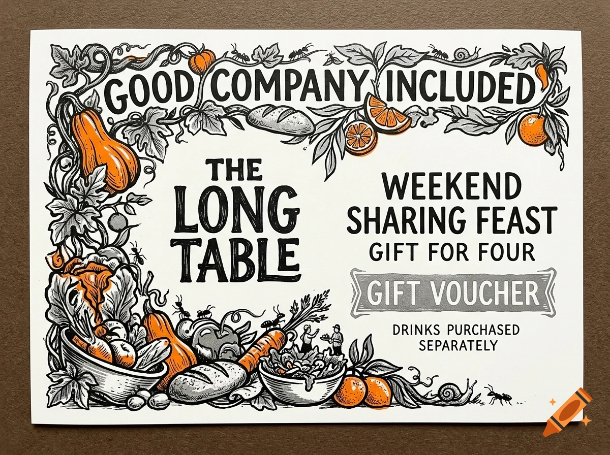 An illustrated gift voucher with the text The Long Table, decorated with botanical drawings and food.