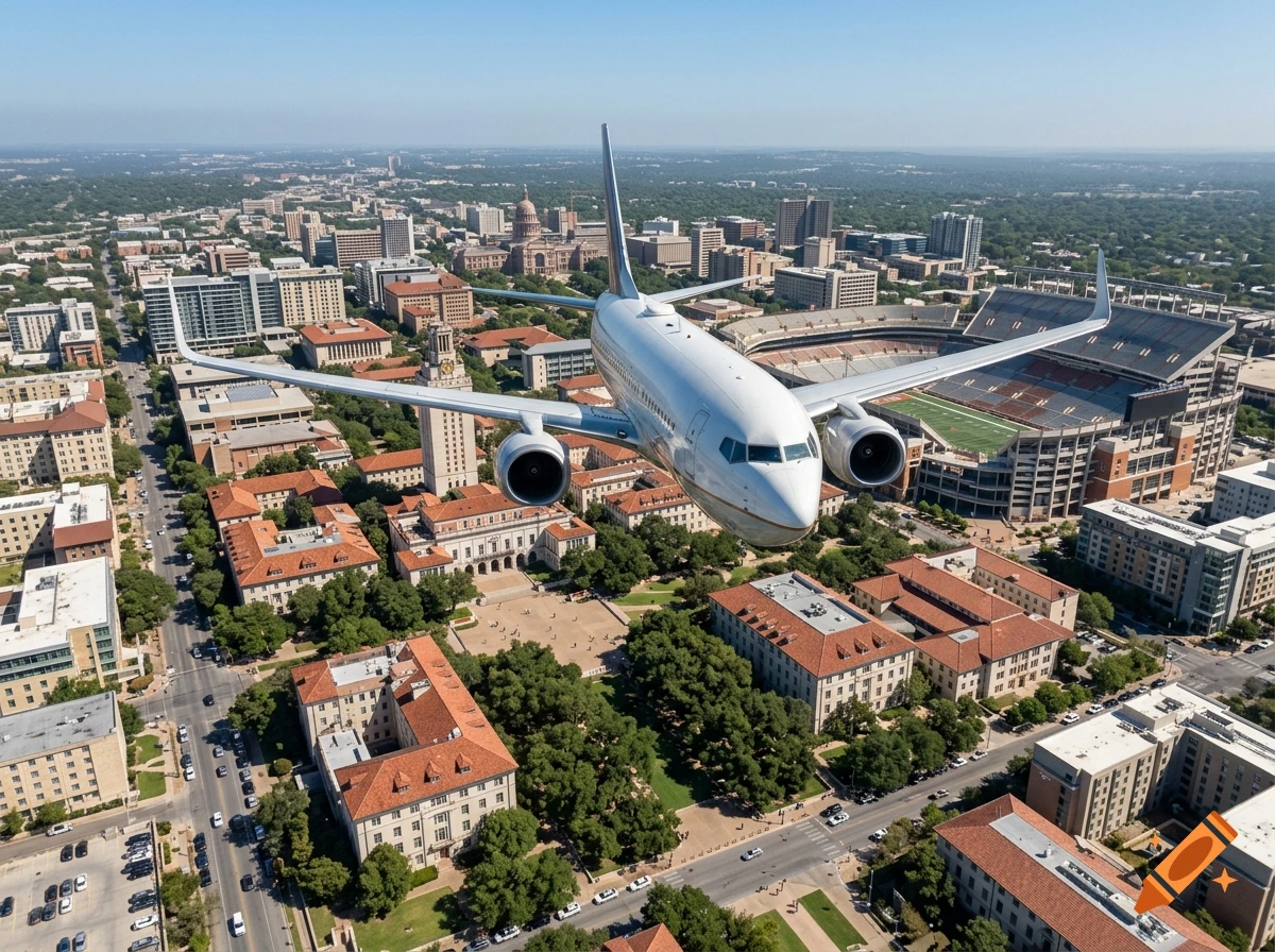 Photorealistic aerial view of a passenger airplane flying over a university campus and city.