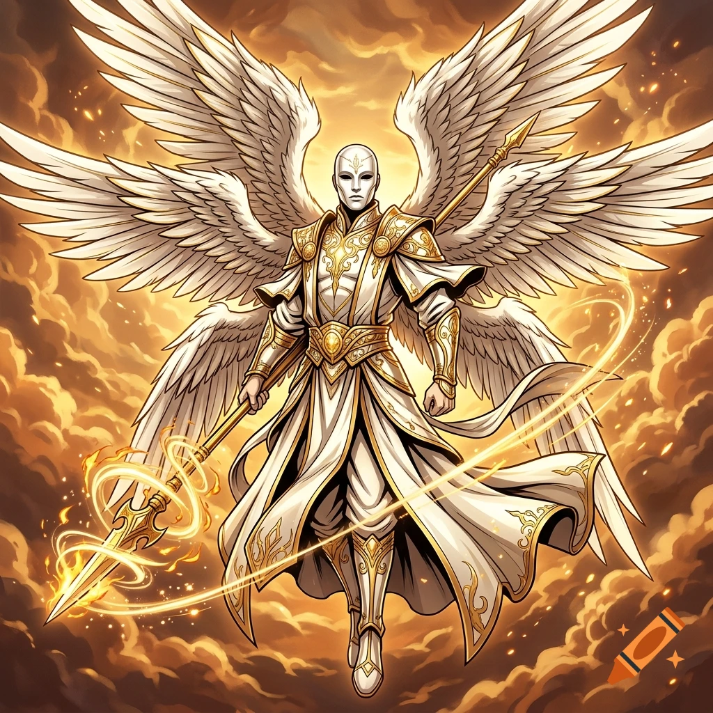 A male angel with six white wings and a white mask, wearing white and gold garments, holding a burning golden spear in a Yu-Gi-Oh art style.