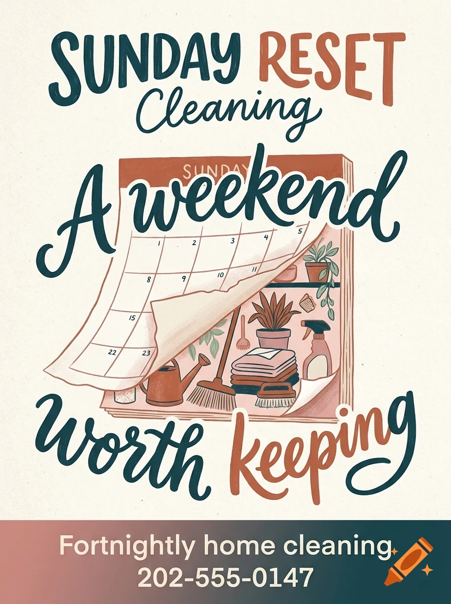 An illustration featuring a calendar partially peeling back to reveal cleaning supplies and plants underneath, surrounded by hand-lettered text reading Sunday Reset Cleaning and A weekend worth keeping.