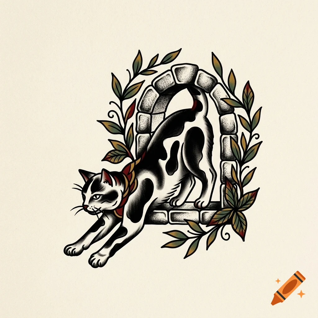 An illustration of a black and white cat stretching in front of a small stone archway surrounded by leafy branches.
