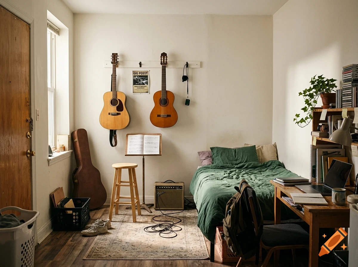 A cozy bedroom with a bed, desk, two guitars hanging on the wall, a stool, and music stand.