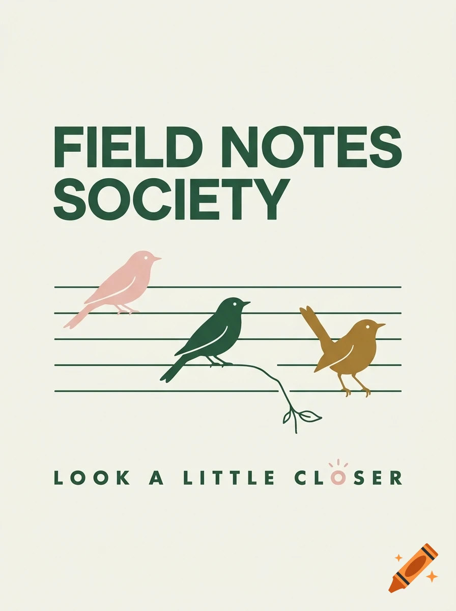 An illustrated poster featuring three stylized birds perched on horizontal lines and text that reads FIELD NOTES SOCIETY and LOOK A LITTLE CLOSER.
