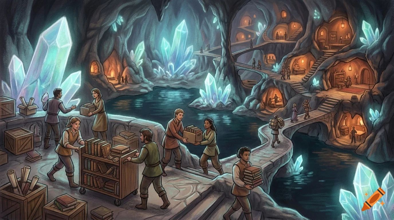 A fantasy underground cavern with glowing blue crystals, a subterranean lake, and people moving boxes of books and working inside carved stone dwellings.