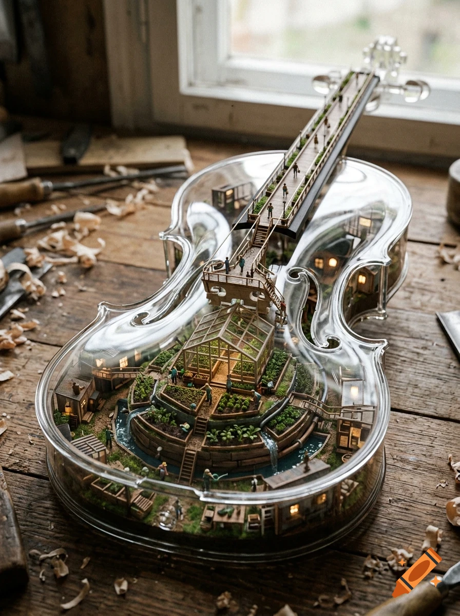 A detailed miniature world built inside a transparent glass violin on a wooden workbench.
