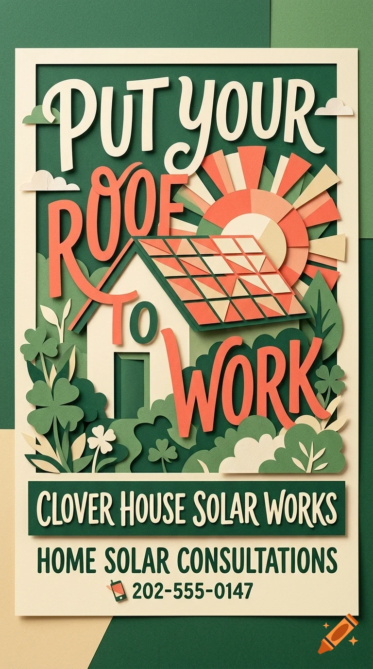 A layered papercraft style advertisement featuring a house with solar panels, a sun, and the text PUT YOUR ROOF TO WORK, CLOVER HOUSE SOLAR WORKS, and a phone number.