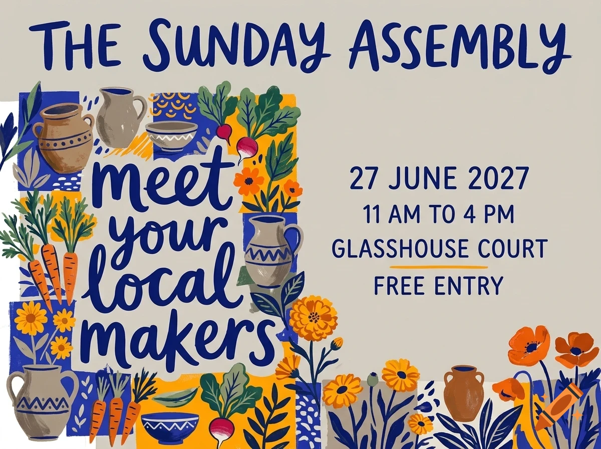 An illustrated poster for The Sunday Assembly featuring pottery, vegetables, and flowers with blue lettering.