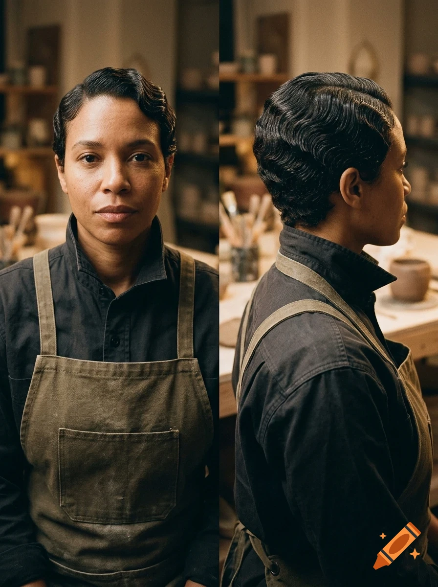Front and side profile portraits of a person with short wavy hair wearing an apron in a workshop.