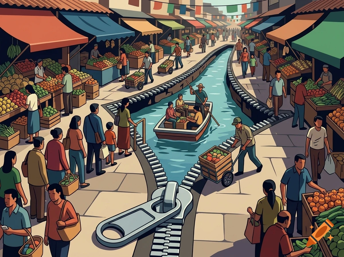 An illustration of a bustling outdoor market flanking a winding water canal, with a giant zipper partially unzipping the ground and water to reveal a boat navigating the stream.