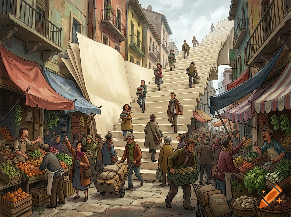An illustrated market street scene with people walking up a giant staircase made of open book pages between buildings.